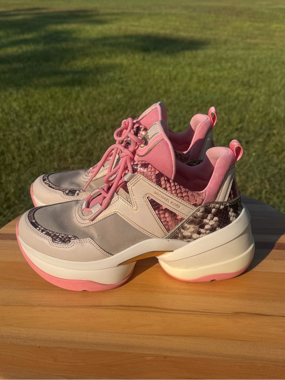 Ladies Michael Kors Olympia Trainer Pink and White Platform Sneakers